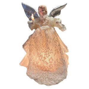 Vintage Illuminated Angel Tree Topper w Lace Gown & Silver Wings Antimated Head,